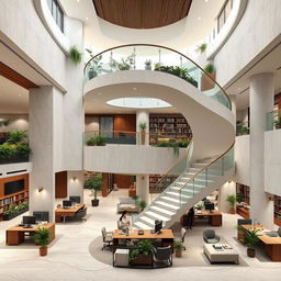 A modern office design visualization featuring the following characteristics: 
- Land size: 15 meters by 30 meters