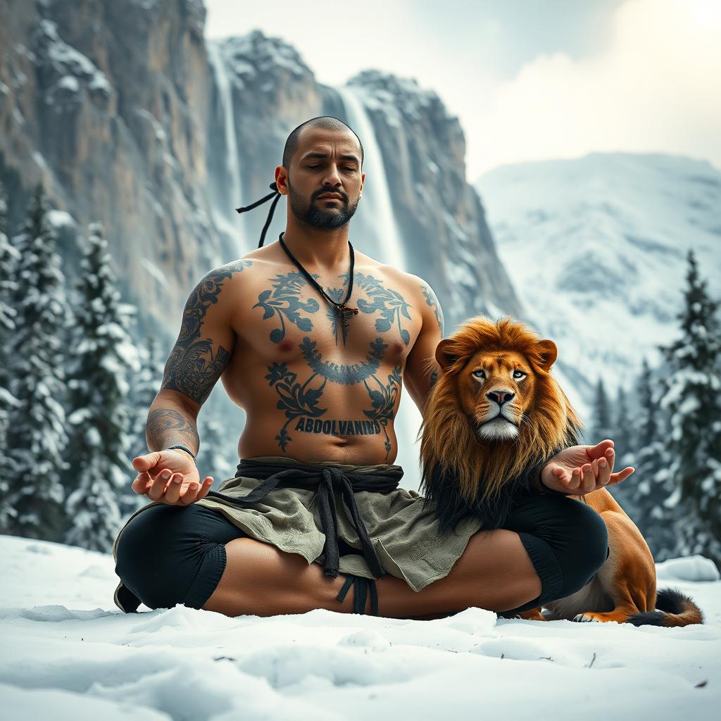 A professional ninja in a Shaolin setting practicing meditation amidst the cold atmosphere of winter