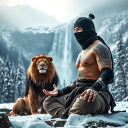 A professional ninja in a Shaolin setting practicing meditation amidst the cold atmosphere of winter