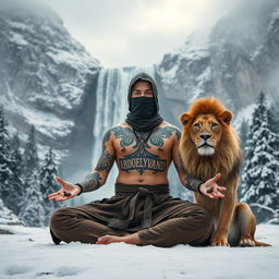A professional ninja in a Shaolin setting practicing meditation amidst the cold atmosphere of winter