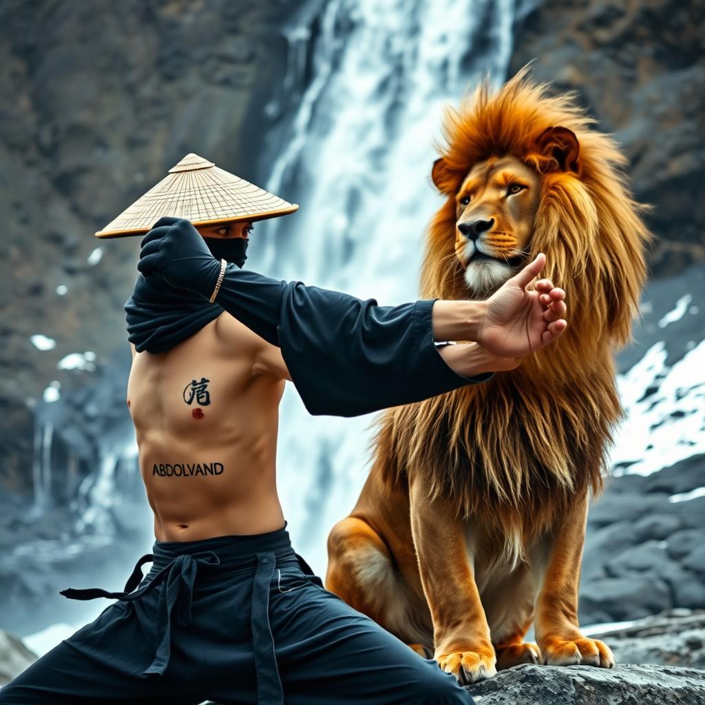 A black ninja wearing a traditional hat, practicing martial arts in a cold Shaolin environment