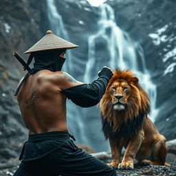 A black ninja wearing a traditional hat, practicing martial arts in a cold Shaolin environment