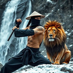 A black ninja wearing a traditional hat, practicing martial arts in a cold Shaolin environment
