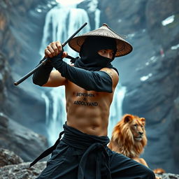 A black ninja wearing a traditional hat, practicing martial arts in a cold Shaolin environment