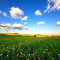 A serene and picturesque scenery featuring a lush green meadow under a clear blue sky with fluffy white clouds