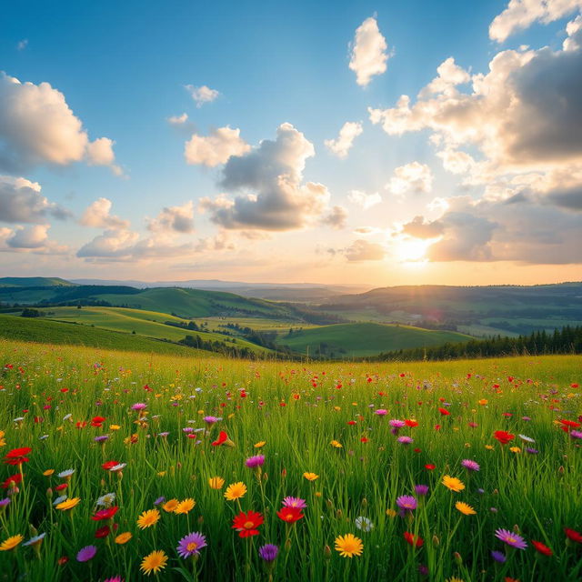 A serene and picturesque scenery featuring a lush green meadow under a clear blue sky with fluffy white clouds