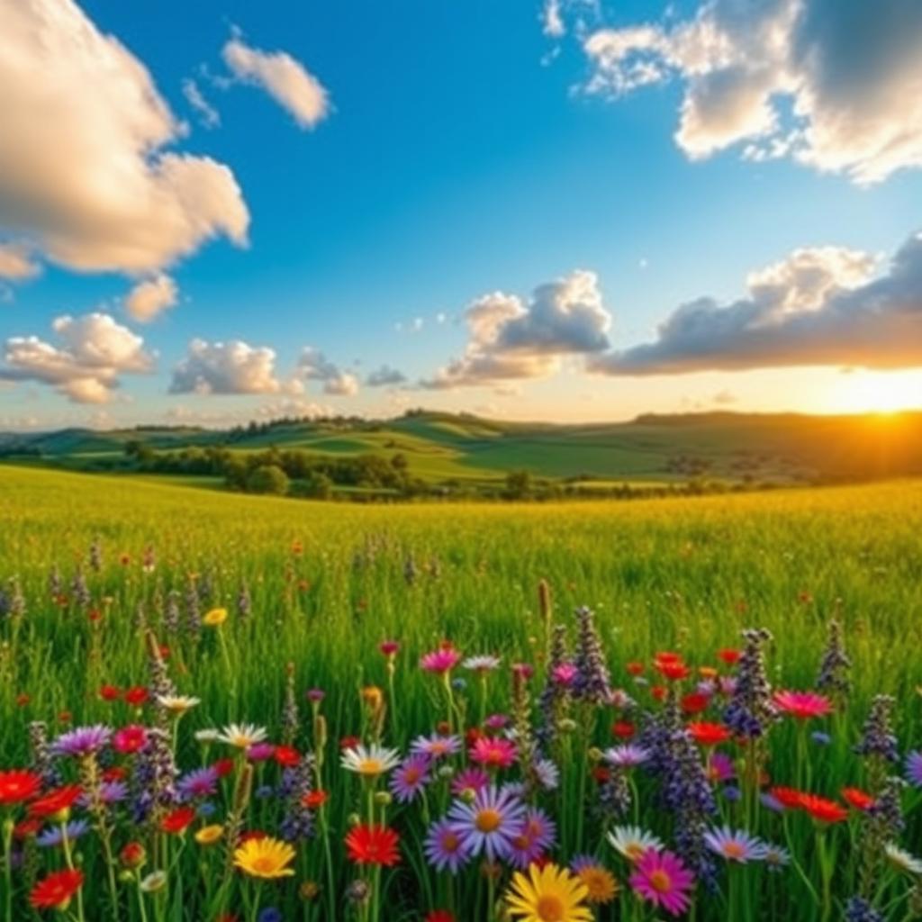 A serene and picturesque scenery featuring a lush green meadow under a clear blue sky with fluffy white clouds