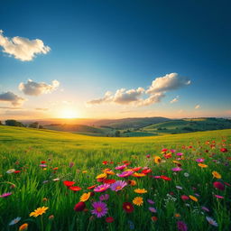 A serene and picturesque scenery featuring a lush green meadow under a clear blue sky with fluffy white clouds