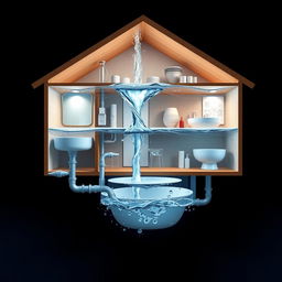 A detailed illustration of water flow in a house, showcasing a cross-section view of plumbing systems, highlighting pipes, valves, and the depth of water flow