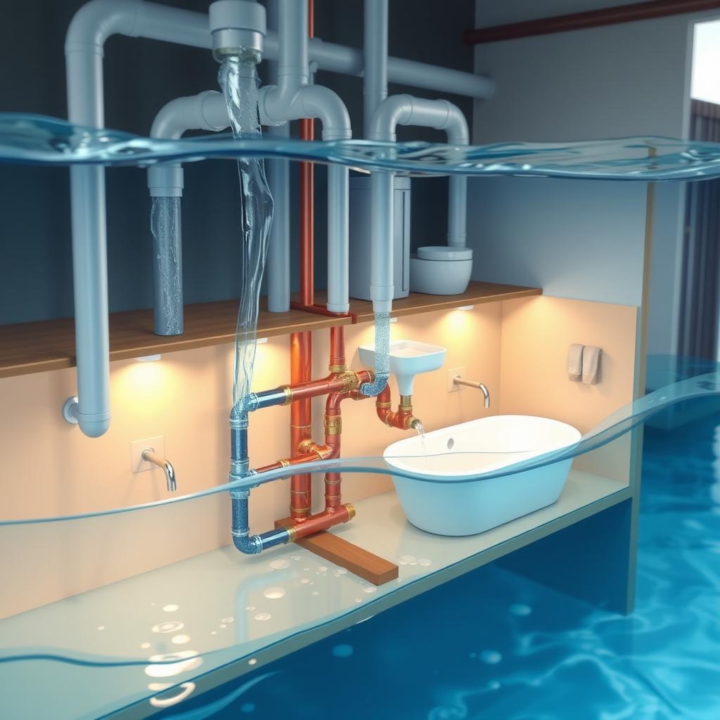 A detailed illustration of water flow in a house, showcasing a cross-section view of plumbing systems, highlighting pipes, valves, and the depth of water flow