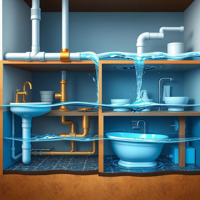 A detailed illustration of water flow in a house, showcasing a cross-section view of plumbing systems, highlighting pipes, valves, and the depth of water flow