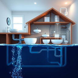 A detailed illustration of water flow in a house, showcasing a cross-section view of plumbing systems, highlighting pipes, valves, and the depth of water flow