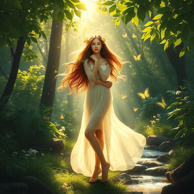 A serene and ethereal scene of a beautiful young woman standing gracefully in a lush, vibrant forest