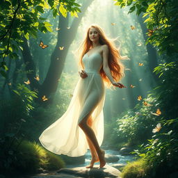 A serene and ethereal scene of a beautiful young woman standing gracefully in a lush, vibrant forest