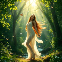A serene and ethereal scene of a beautiful young woman standing gracefully in a lush, vibrant forest