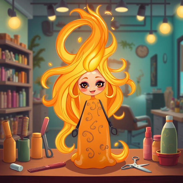 A creative illustration of a stylish character named 'Ember Glow', depicted as a candle with a long, flowing flame that resembles hair