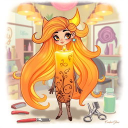 A creative illustration of a stylish character named 'Ember Glow', depicted as a candle with a long, flowing flame that resembles hair