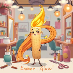 A creative illustration of a stylish character named 'Ember Glow', depicted as a candle with a long, flowing flame that resembles hair