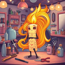 A creative illustration of a stylish character named 'Ember Glow', depicted as a candle with a long, flowing flame that resembles hair