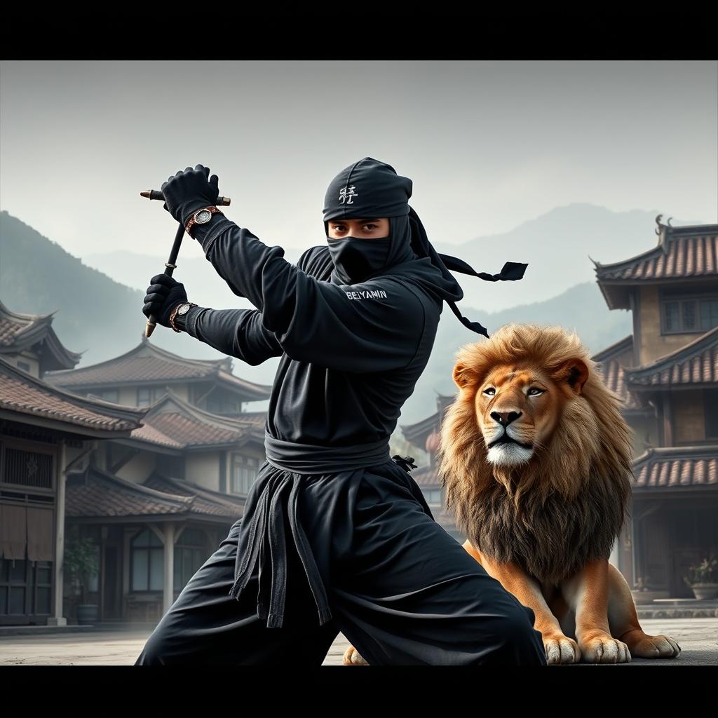 A black ninja wearing a traditional Chinese outfit practicing shadow fighting amidst Chinese houses