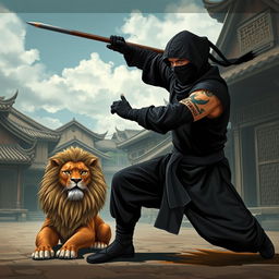 A black ninja wearing a traditional Chinese outfit practicing shadow fighting amidst Chinese houses