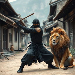 A black ninja wearing a traditional Chinese outfit practicing shadow fighting amidst Chinese houses