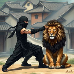 A black ninja wearing a traditional Chinese outfit practicing shadow fighting amidst Chinese houses
