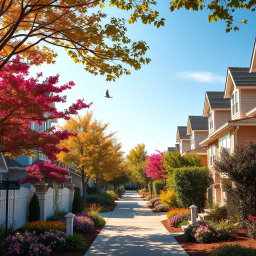 A tranquil street scene in Tianna Place, showcasing a picturesque neighborhood with charming houses, blooming gardens, and clear blue skies