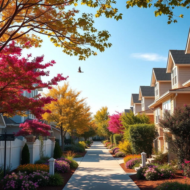 A tranquil street scene in Tianna Place, showcasing a picturesque neighborhood with charming houses, blooming gardens, and clear blue skies