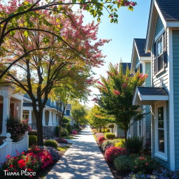 A tranquil street scene in Tianna Place, showcasing a picturesque neighborhood with charming houses, blooming gardens, and clear blue skies