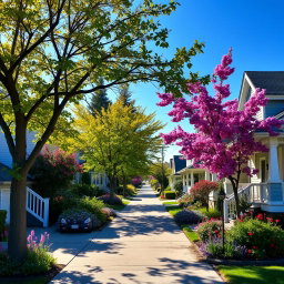 A tranquil street scene in Tianna Place, showcasing a picturesque neighborhood with charming houses, blooming gardens, and clear blue skies