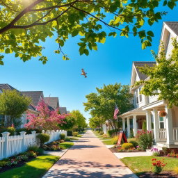 A tranquil street scene in Tianna Place, showcasing a picturesque neighborhood with charming houses, blooming gardens, and clear blue skies