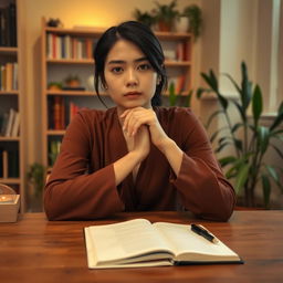 A contemplative person sitting at a wooden table, hands thoughtfully folded in front of them