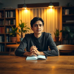 A contemplative person sitting at a wooden table, hands thoughtfully folded in front of them