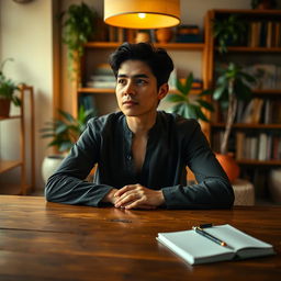 A contemplative person sitting at a wooden table, hands thoughtfully folded in front of them