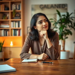 A contemplative person sitting at a wooden table, hands thoughtfully folded in front of them