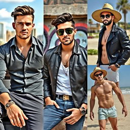 A group of attractive and stylish men, each showcasing different fashionable looks, with confident poses
