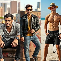 A group of attractive and stylish men, each showcasing different fashionable looks, with confident poses