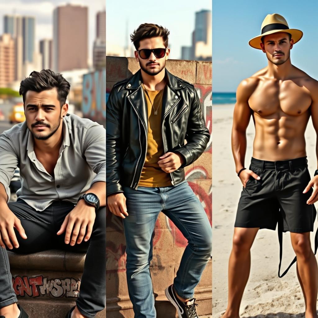 A group of attractive and stylish men, each showcasing different fashionable looks, with confident poses