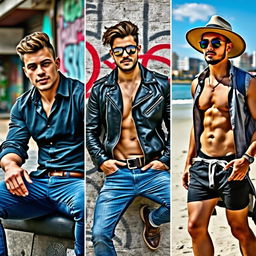 A group of attractive and stylish men, each showcasing different fashionable looks, with confident poses