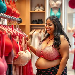 An Indian chubby woman confidently browsing in a boutique, engaging in a playful and humorous shopping experience