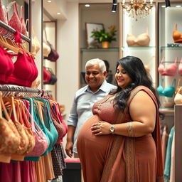 An Indian chubby woman confidently browsing in a boutique, engaging in a playful and humorous shopping experience