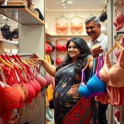 An Indian chubby woman confidently browsing in a boutique, engaging in a playful and humorous shopping experience