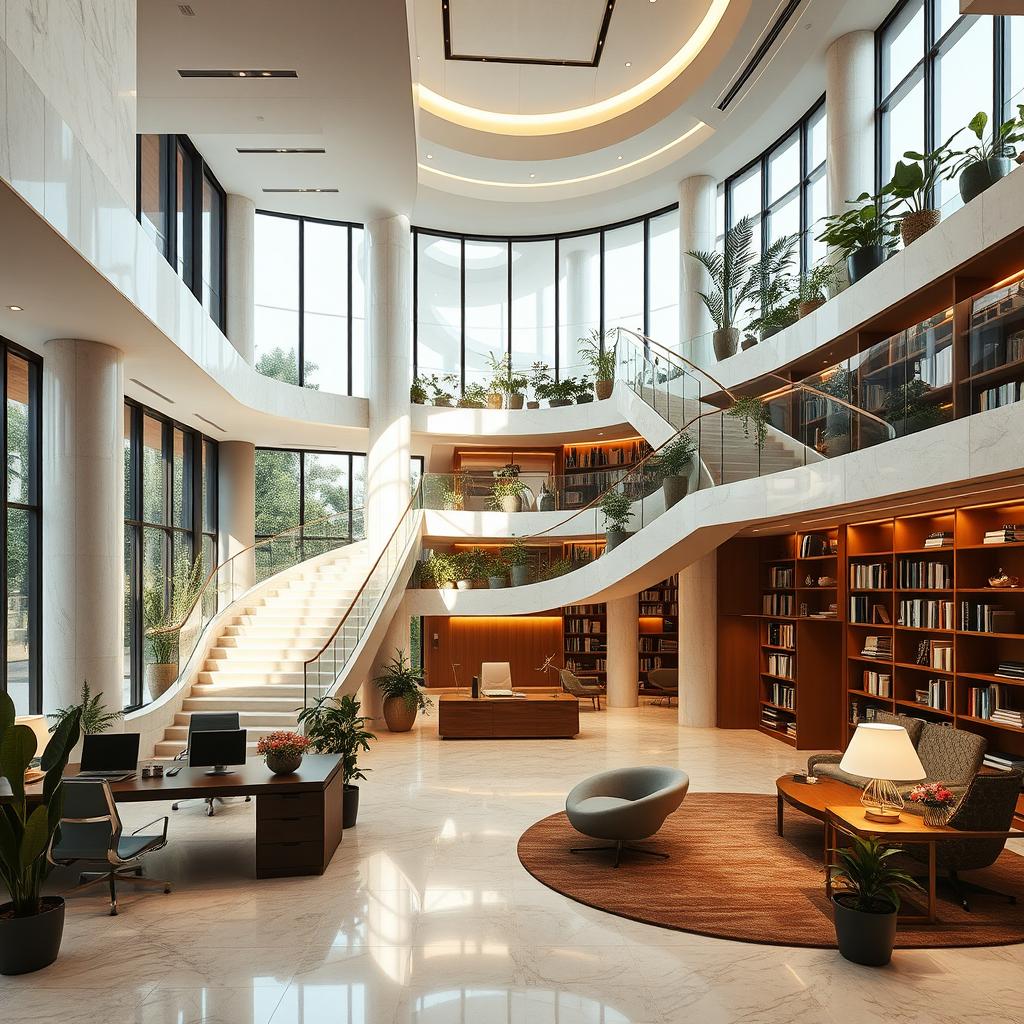 A modern office interior design incorporating the following features: Land size of 15 meters by 30 meters