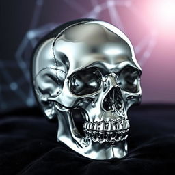 A human skull made of aluminum, showcasing intricate details of the skull structure, with a shiny metallic finish that reflects light, placed on a dark velvet surface for contrast