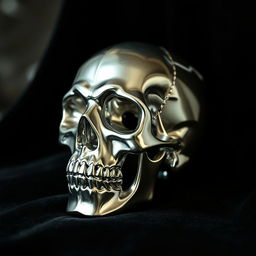 A human skull made of aluminum, showcasing intricate details of the skull structure, with a shiny metallic finish that reflects light, placed on a dark velvet surface for contrast