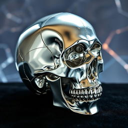 A human skull made of aluminum, showcasing intricate details of the skull structure, with a shiny metallic finish that reflects light, placed on a dark velvet surface for contrast
