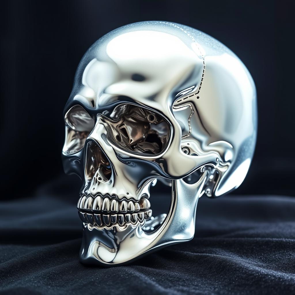 A human skull made of aluminum, showcasing intricate details of the skull structure, with a shiny metallic finish that reflects light, placed on a dark velvet surface for contrast