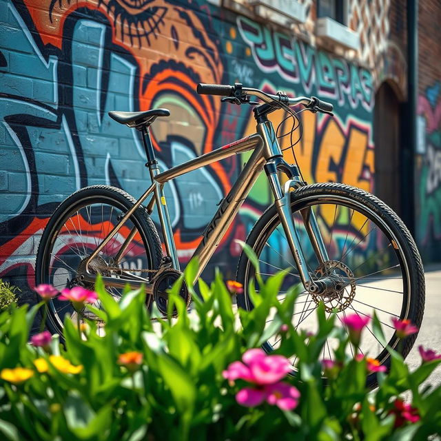 A stunning high-resolution image of a sleek, modern bicycle resting against a vibrant graffiti-covered wall in an urban setting