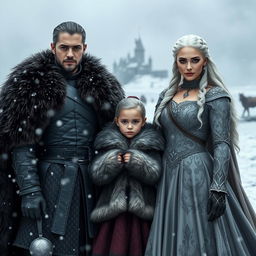 A realistic portrayal of Jon Snow and Daenerys Targaryen from Game of Thrones, standing together in a snowy landscape